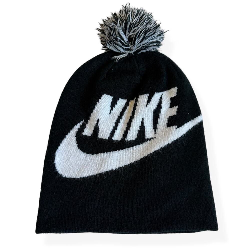 Nike Youth Black White Pom Pom Winter Beanie